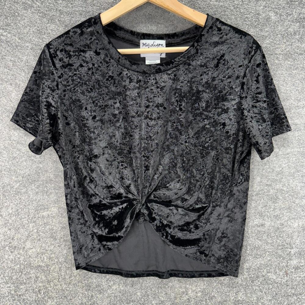 Madison & Berkeley Blouse Women 6 Black Velvet Short Sleeve Round Neck Casual